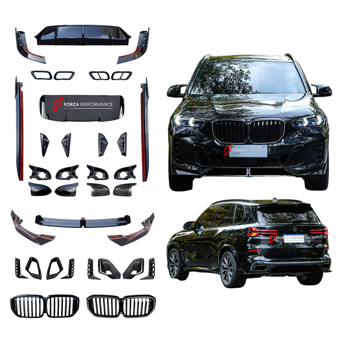 BODY KIT for BMW X5 G05 LCI 2023+ FORZA PERFORMANCE custom fit MP Style

Set includes:
Front Lip
Front Bumper Air Vent Covers
Front Grille
Side Fender Vents
Side Mirror Covers
Side Skirts
Roof Spoiler
Rear Bumper Fins
Rear Diffuser
Exhaust Tips

Material: Plastic

NOTE: Professional installation is required.
