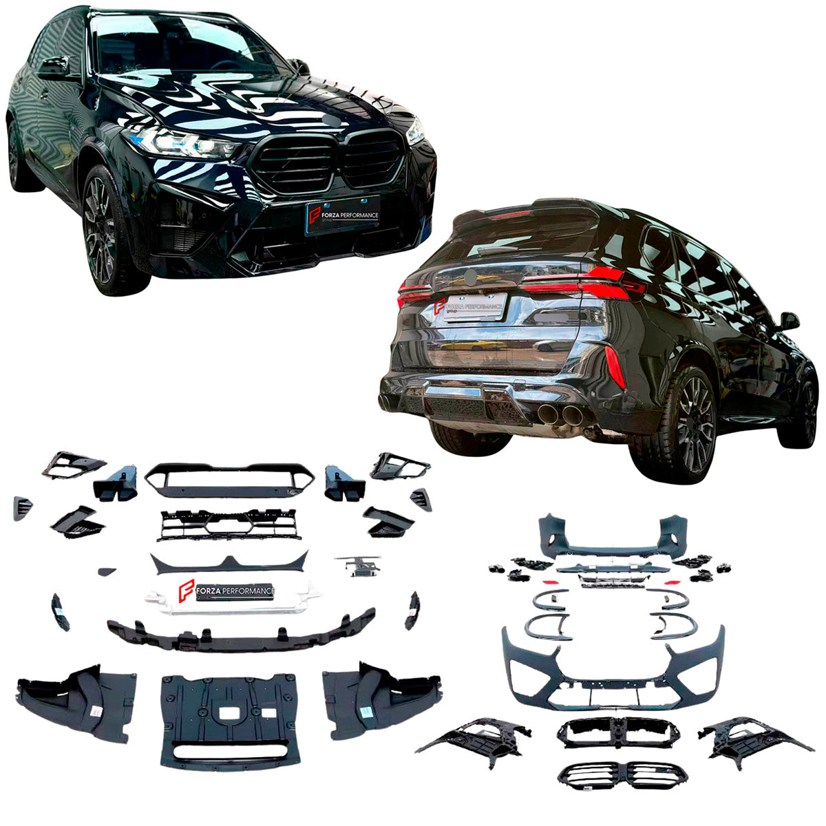 BODY KIT for BMW X5M F95 LCI 2023+
Set includes:

Front Lip
Front Bumper Assembly
Front Fender Flares
Rear Fender Flares
Rear Bumper Assembly
Rear Diffuser
Exhaust Tips
Material: Plastic

NOTE: Professional installation is required.