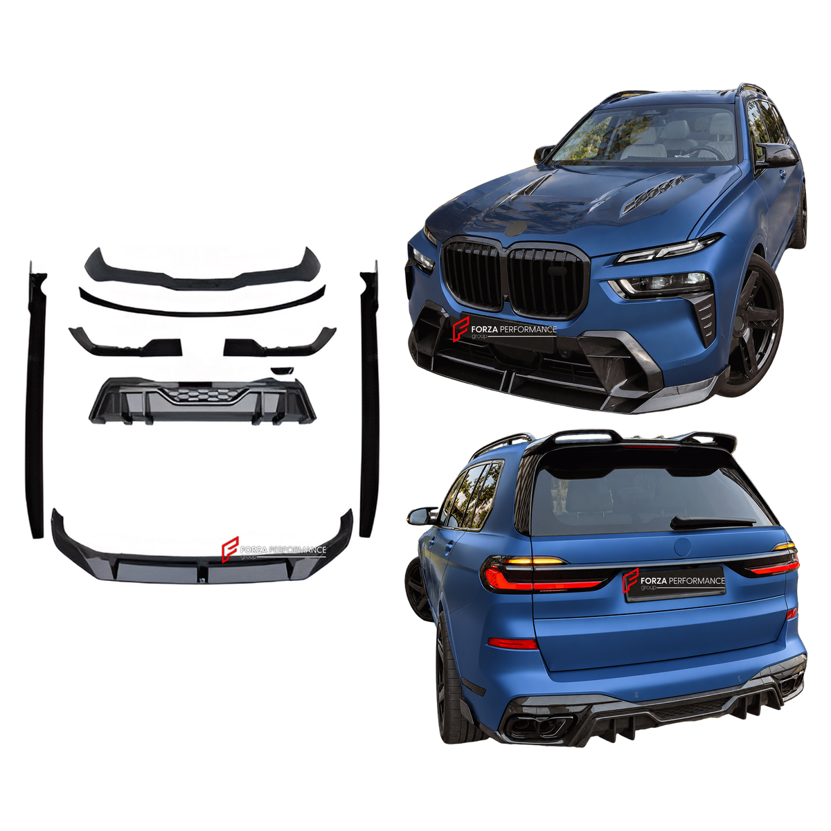 BODY KIT for BMW X7 G07 LCI 2022+
Set includes:

Front Lip
Side Skirts
Roof Spoiler
Rear Diffuser
Material: Plastic

NOTE: Professional installation is required.