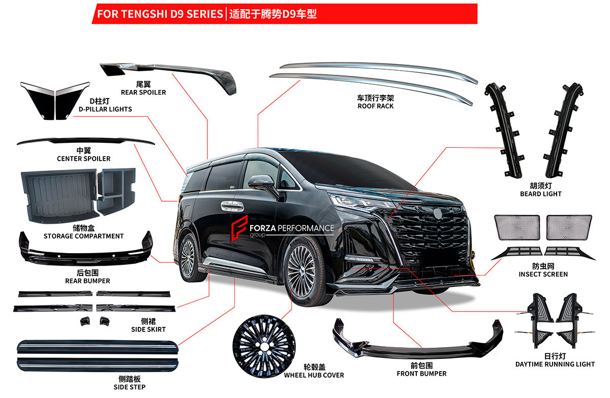 BODY KIT for DENZA D9 2023+

Set includes:

Front Bumper
Insect Screen
Air Vents
Wheel Hubcap
Side Step
Side Skirt
Roof Rack
Roof Spoiler
Rear Spoiler
Center Spoiler
Rear Bumper



NOTE: Professional installation is required.