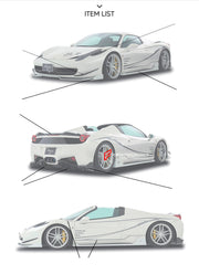 BODY KIT for FERRARI 458 ITALIA SPIDER 2010 - 2016

Set includes:

Front Bumper
Front lip
Side Skirts
Rear Spoiler
Carbon Rear diffuser&nbsp;

Material: Plastic&nbsp;and carbon fiber

NOTE: Professional installation is required