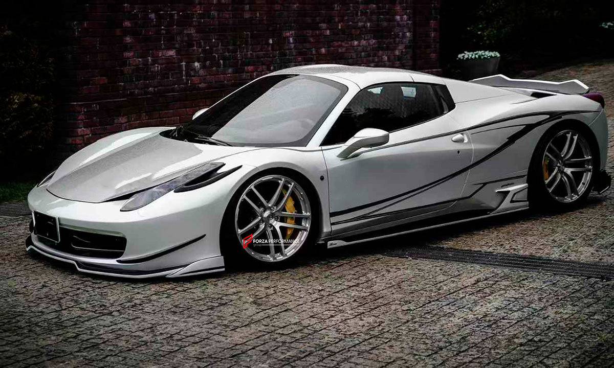 BODY KIT for FERRARI 458 ITALIA SPIDER 2010 - 2016

Set includes:

Front Bumper
Front lip
Side Skirts
Rear Spoiler
Carbon Rear diffuser&nbsp;

Material: Plastic&nbsp;and carbon fiber

NOTE: Professional installation is required