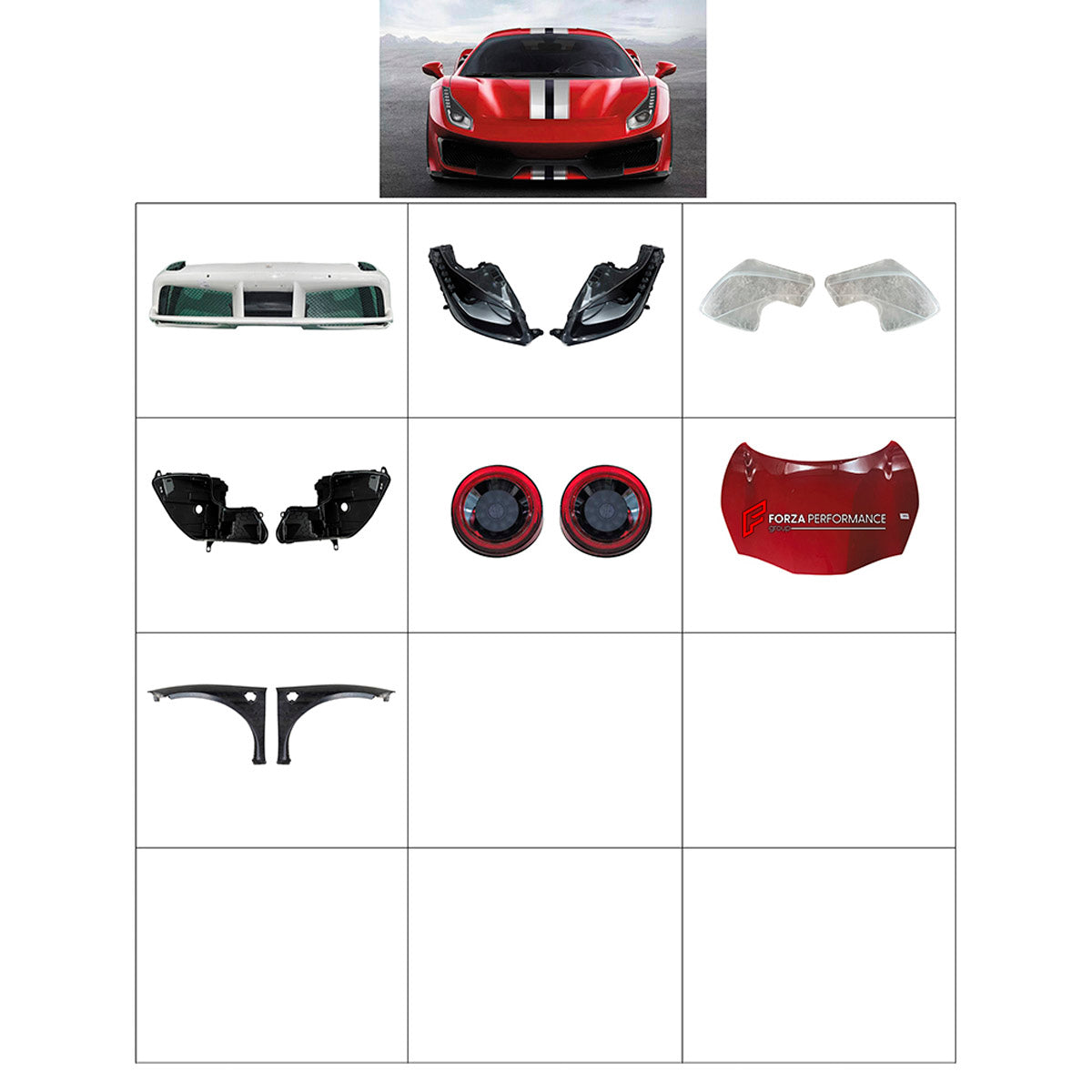 BODY KIT for Ferrari 488
Set includes:

Front Bumper Assembly
Fenders
Hood Bonnet
Tail Lights
Material: Plastic

NOTE: Professional installation is required.