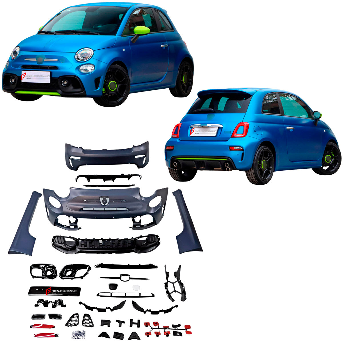 BODY KIT for Fiat 500 2015+
Set includes:

Front Bumper Assembly
Side Skirts
Rear Diffuser
Rear Bumper
Material: Plastic

NOTE: Professional installation is required.