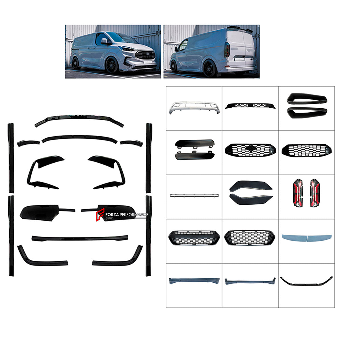 BODY KIT for Ford Transit Custom 2025+
Set includes:

Front Lip
Front Bumper Assembly
Front Grille
Side Skirts
Roof Spoiler
Tail Lights
Rear Bumper
Material: Plastic

NOTE: Professional installation is required.