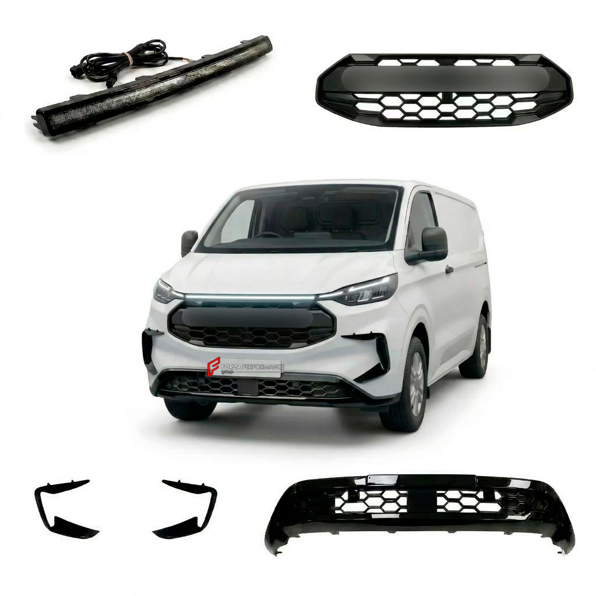 BODY KIT for Ford Ford Transit Custom II 2 2023+
Set includes:

Front Grille
Front Bumper Vents
Front Bumper LED Light
Lower Bumper Grille
Material: Plastic

NOTE: Professional installation is required.