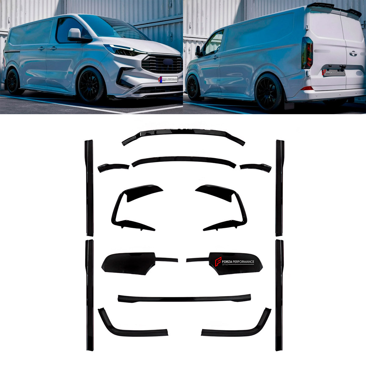 BODY KIT for Ford Ford Transit Custom II 2 2023+
Set includes:

Front Lip
Front Bumper Vents
Side Skirts
Rear Diffuser
Material: Plastic

NOTE: Professional installation is required.