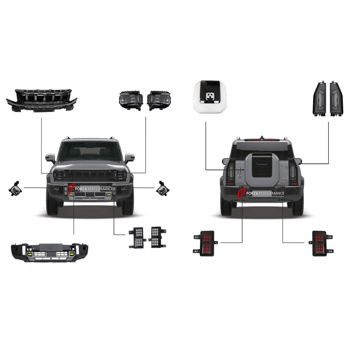 BODY KIT for JETOUR T2 TRAVELLER 2024+

Set includes:
Front Bumper Assembly
Front Grille
Headlights
Fog Lights
Tail Lights
Spare Wheel Tire Cover

Material: Plastic

NOTE: Professional installation is required.