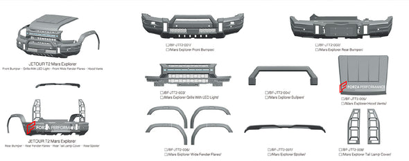 BODY KIT for JETOUR T2

Set includes:

Bull Bar
Grille Cover
Hood Cover

Roof LED DRL Lights
Roof Rack

Side Trims
Foldable Side Ladder
Vent Visors
Roof Spoiler
Rear Bumper
Tail Light Covers

Material: Plastic

Note: Professional installation is required.

CONTACT US FOR PRICING

Payment ►
Visa
Mastercard
PayPal with a credit card (add 4.4% at checkout)
Payoneer
Cryptocurrency
Shipment ►
By express DHL/UPS/TNT/FedEx
To the local international airport
Special line by air
Special line by the sea
To Europe and