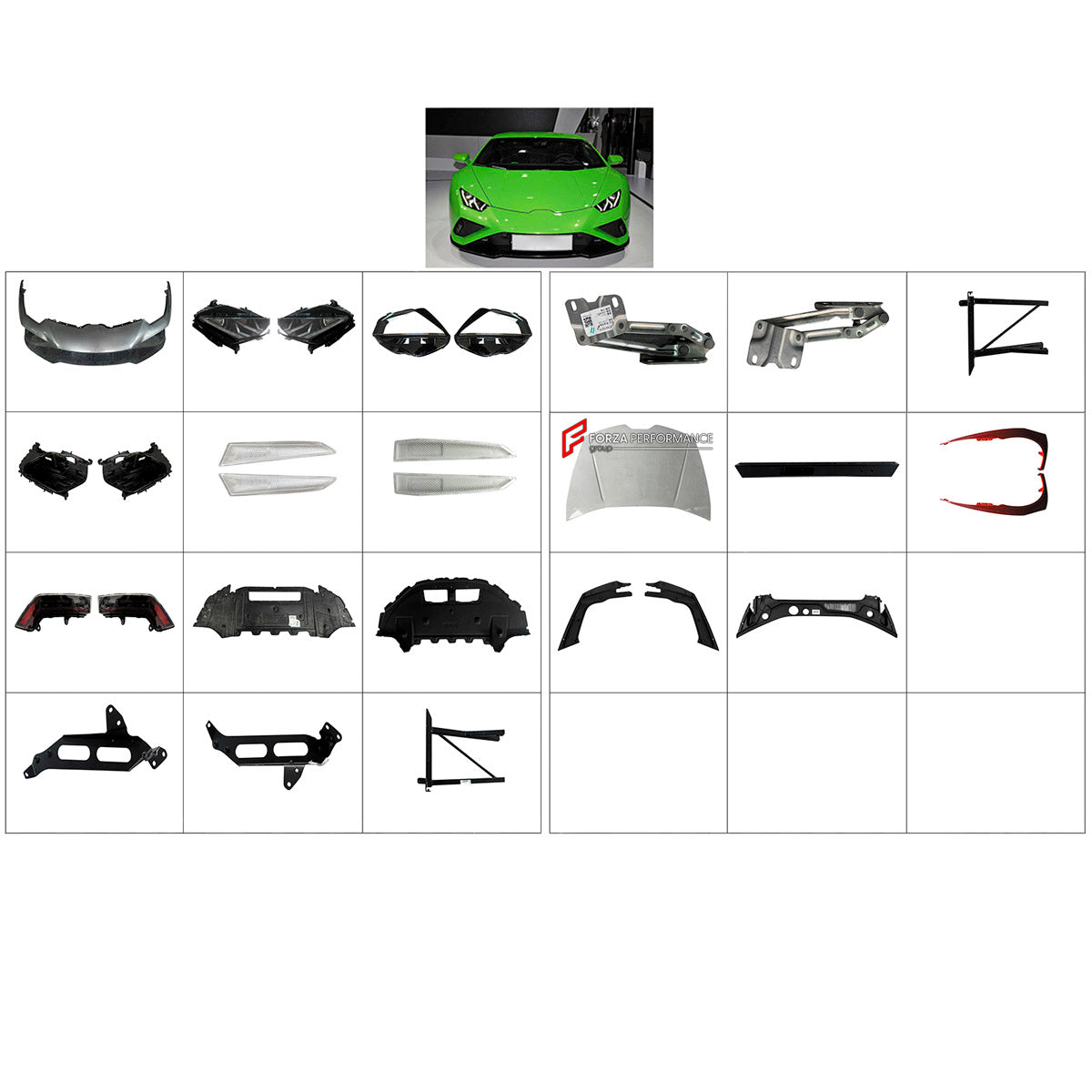 BODY KIT for Lamborghini Huracan Evo
Set includes:

Front Bumper Assembly
Hood Bonnet
Fenders
Rear Bumper Assembly
Material: Plastic

NOTE: Professional installation is required.