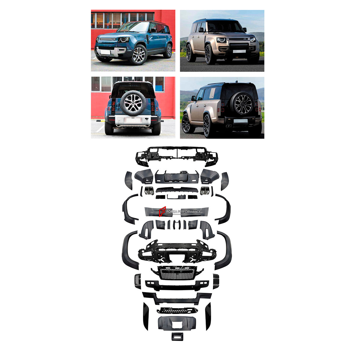 BODY KIT for Land Rover Defender 2020+
Set includes:

Front Lip
Front Bumper Assembly
Front Grille
Front Fender Flares
Rear Fender Flares
Rear Bumper Assembly
Rear Diffuser
Exhaust Tips
Material: Plastic

NOTE: Professional installation is required.