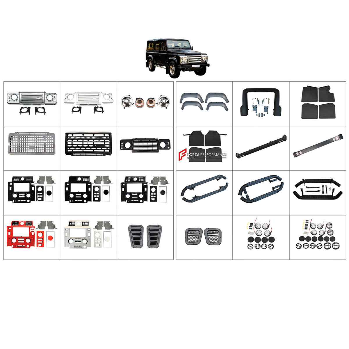 BODY KIT for Land Rover Defender 90 110 1990 - 2016
Set includes:

Front Bumper Assembly
Front Grille
Front Headlights
Dashboard Trim Kit
Hood Bonnet Air Vents
Side Air Vents
Front Fender Flares
Mud Flaps
Side Steps
Material: Plastic

NOTE: Professional installation is required.