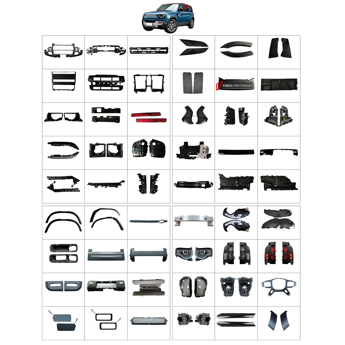 BODY KIT for Land Rover Defender 90 110 2020+
Set includes:

Front Bumper Assembly
Front Bumper Vents
Front Grille
Front Headlights
Hood Bonnet Air Vents
Steering Wheel Trim
Front Fenders
A-Pillar Covers
E-Pillar Covers
Rear Fenders
Rear Tail Light
Tail Lights
Rear Bumper Assembly
Material: Plastic

NOTE: Professional installation is required.