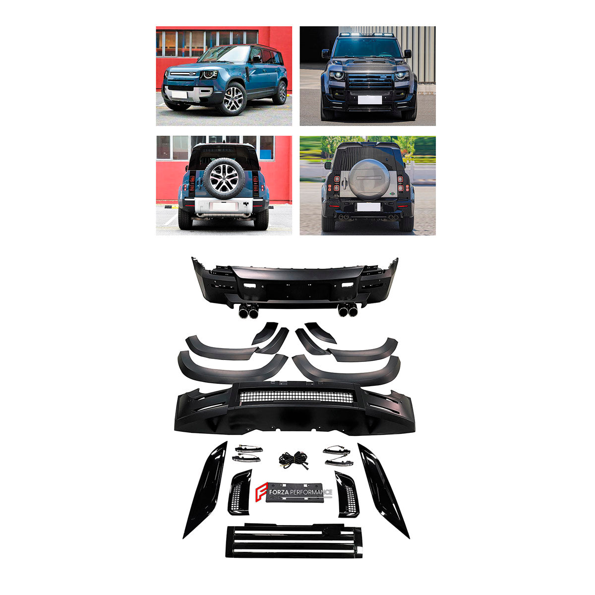 BODY KIT for Land Rover Defender 90 110 2021+
Set includes:

Front Bumper Assembly
Front Fender Flares
Rear Fender Flares
Rear Bumper Assembly
Exhaust Tips
Material: Plastic

NOTE: Professional installation is required.