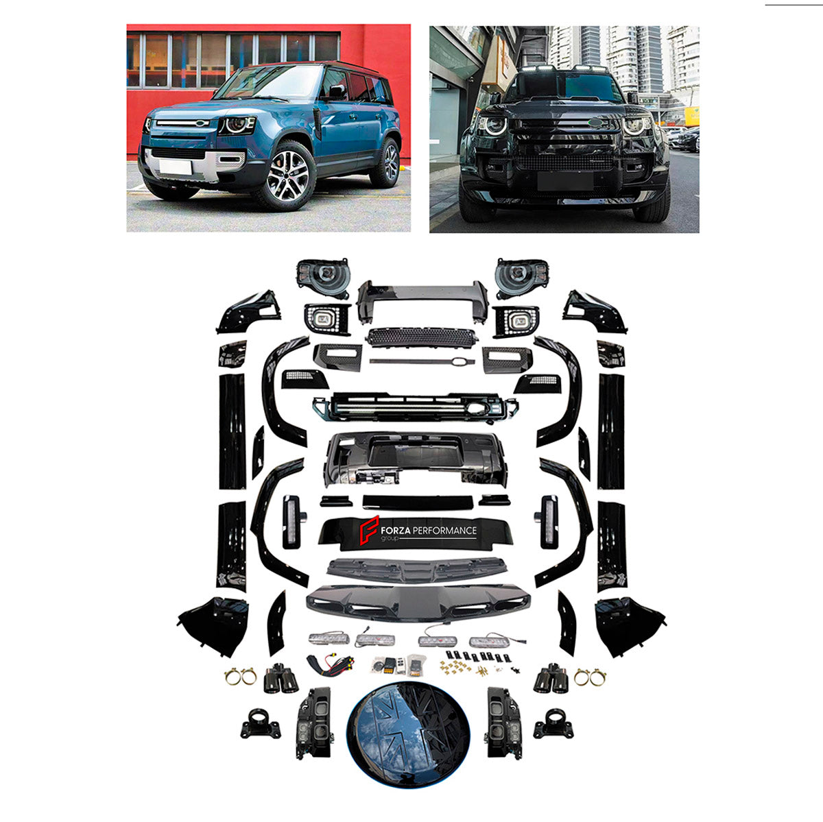 BODY KIT for Land Rover Defender 90 110 2021+
Set includes:

Front Lip
Front Bumper Assembly
Front Fender Flares
Side Skirts
Rear Fender Flares
Rear Bumper Assembly
Spare Wheel Tire Cover
Rear Diffuser
Exhaust Tips
Material: Plastic

NOTE: Professional installation is required.