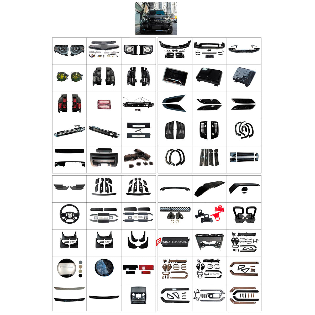 BODY KIT for Land Rover Defender 90 110 2021+
Set includes:

Front Lip
Front Headlights
Front Grille
Hood Bonnet Air Vents
Interior Kit
Side Storage Boxes
Side Air Vents
Fender Flares
Body Side Door Moldings
Side Steps
Side Snorkel
Mud Flaps
Rear Spoiler
Spare Wheel Tire Cover
Rear Tail Light
Tail Lights
Rear Bumper Assembly
Exhaust Tips
Material: Plastic

NOTE: Professional installation is required.