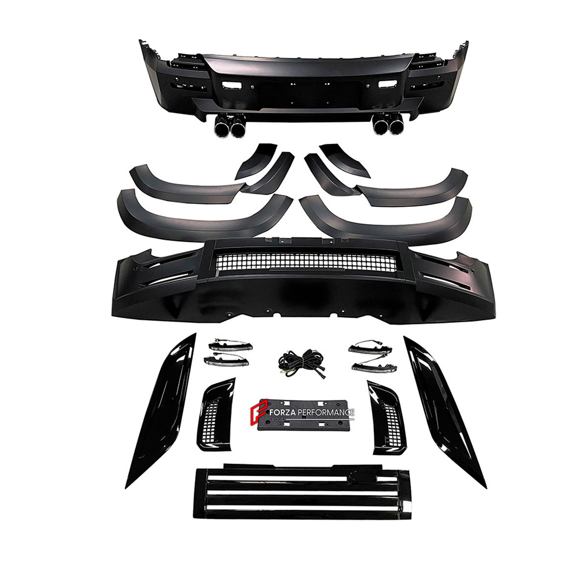 BODY KIT for Land Rover Defender 90 110 2021+
Set includes:

Front Bumper Assembly
Front Fender Flares
Rear Fender Flares
Rear Bumper Assembly
Exhaust Tips
Material: Plastic

NOTE: Professional installation is required.