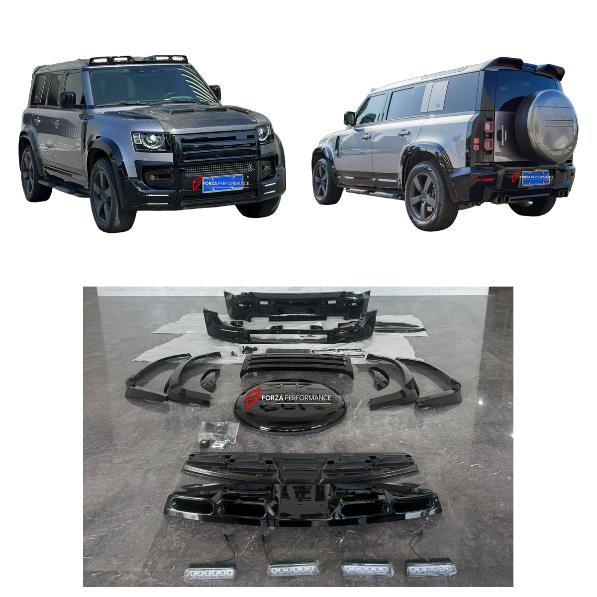 BODY KIT for LAND ROVER DEFENDER L663 110 2020+ FORZA PERFORMANCE custom fit LM

Set includes:
Front Bumper Assembly
Front Grille
Roof Light Bar
Fender Flares
Rear Bumper Assembly
Rear Diffuser
Spare Wheel Tire Cover
Exhaust Tips

Material: Plastic

NOTE: Professional installation is required.