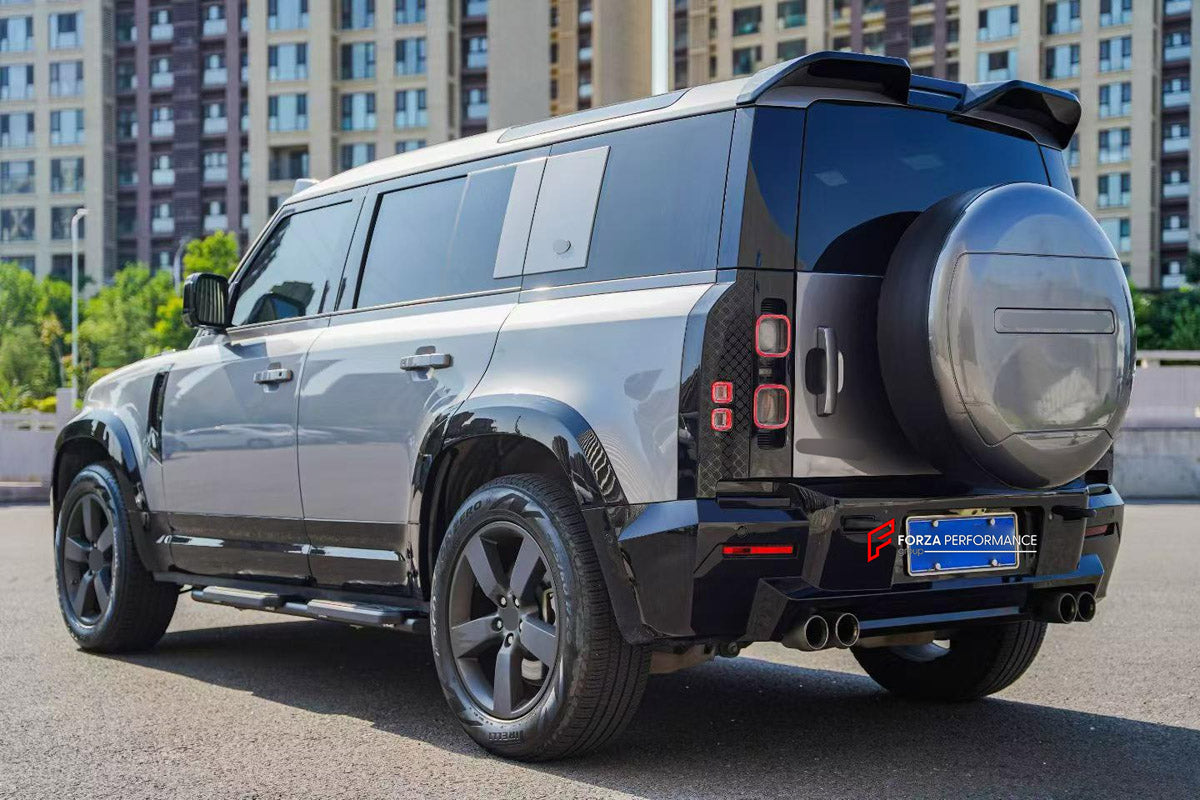 BODY KIT for LAND ROVER DEFENDER L663 110 2020+ FORZA PERFORMANCE custom fit LM

Set includes:
Front Bumper Assembly
Front Grille
Roof Light Bar
Fender Flares
Rear Bumper Assembly
Rear Diffuser
Spare Wheel Tire Cover
Exhaust Tips

Material: Plastic

NOTE: Professional installation is required.