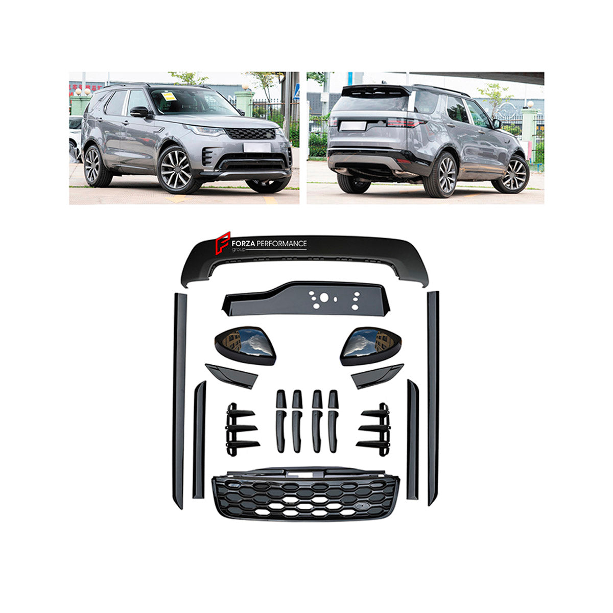 BODY KIT for Land Rover Discovery 5 2020+
Set includes:

Front Lip
Front Bumper Assembly
Front Grille
Side Mirror Covers
Side Skirts
Material: Plastic

NOTE: Professional installation is required.