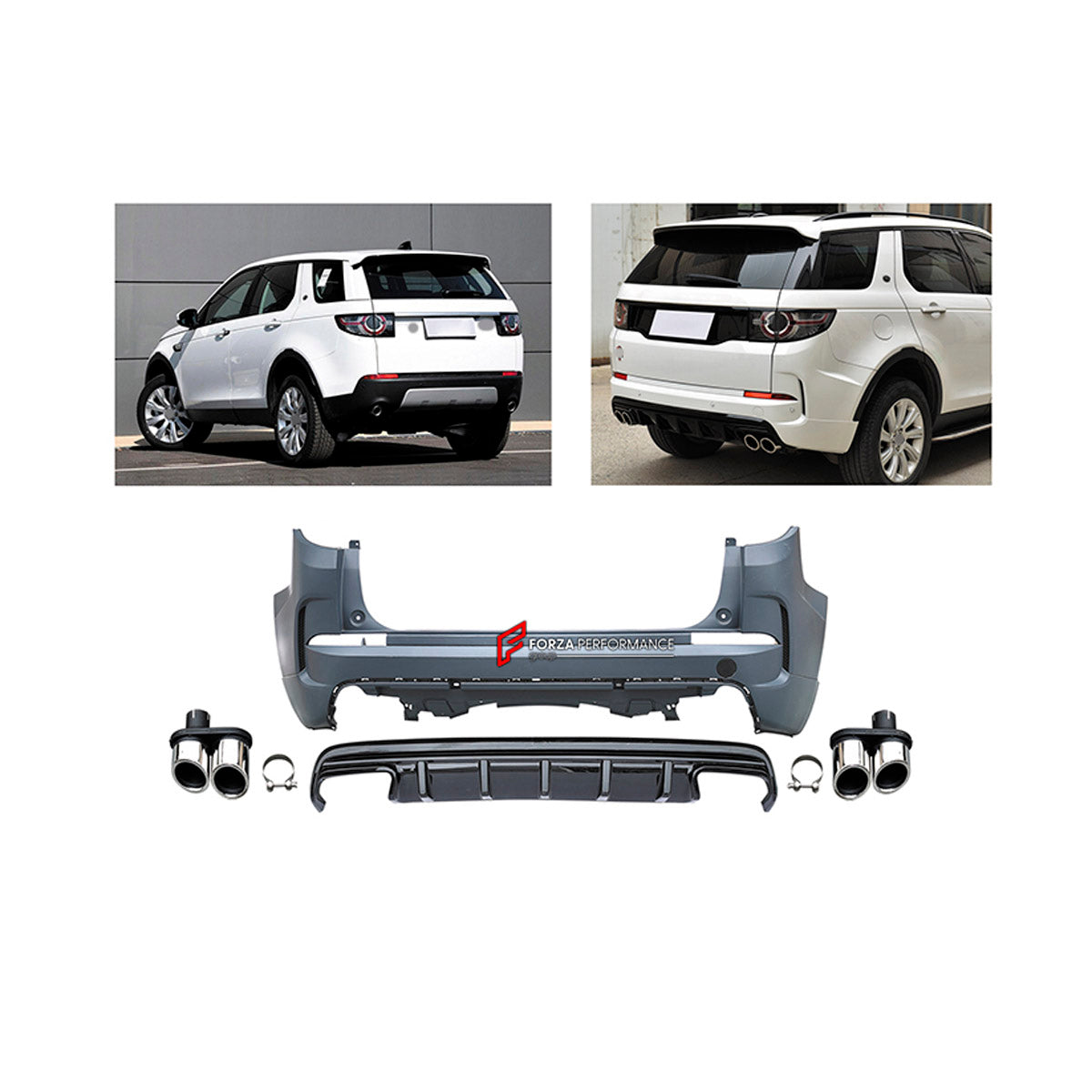 BODY KIT for Land Rover Discovery Sport 2016 - 2024
Set includes:

Rear Bumper Assembly
Rear Diffuser
Exhaust Tips
Material: Plastic

NOTE: Professional installation is required.