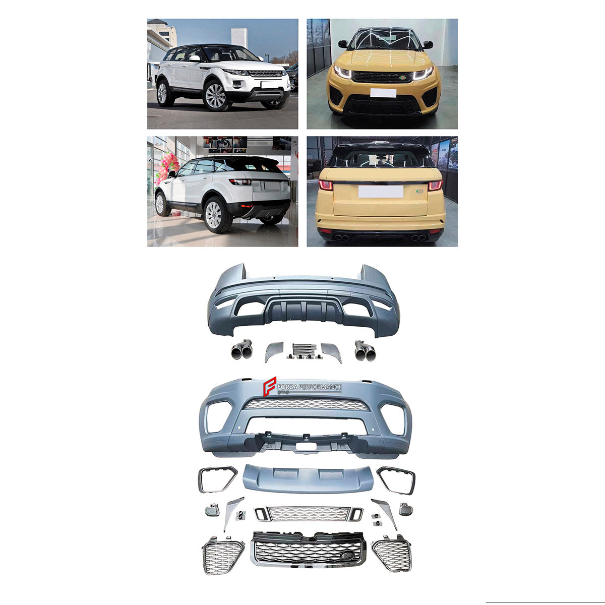 BODY KIT for Land Rover Range Rover Evoque 2010 - 2017
Set includes:

Front Lip
Front Bumper Assembly
Front Grille
Rear Bumper Assembly
Rear Diffuser
Exhaust Tips
Material: Plastic

NOTE: Professional installation is required.