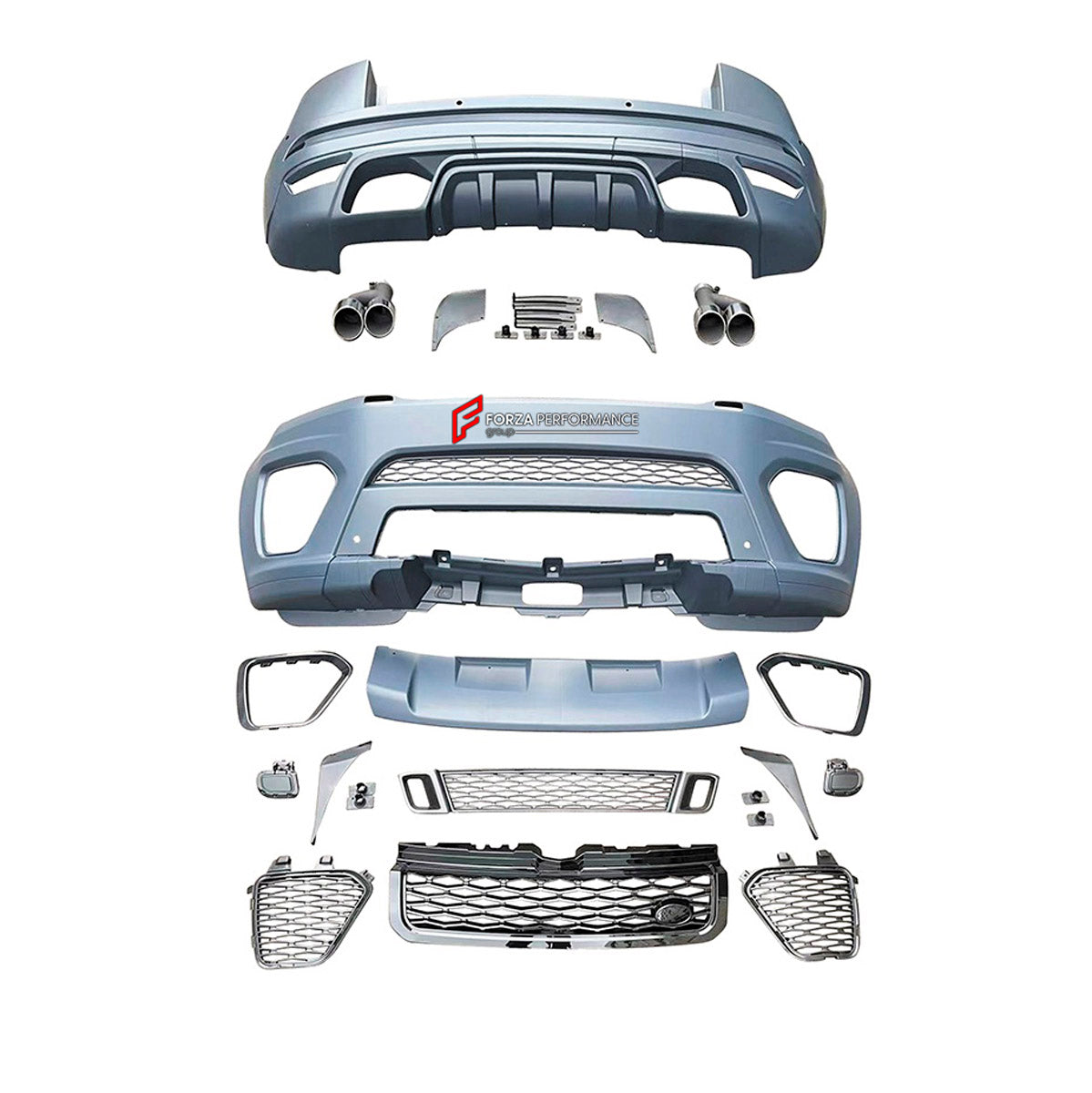 BODY KIT for Land Rover Range Rover Evoque 2010 - 2017
Set includes:

Front Lip
Front Bumper Assembly
Front Grille
Rear Bumper Assembly
Rear Diffuser
Exhaust Tips
Material: Plastic

NOTE: Professional installation is required.