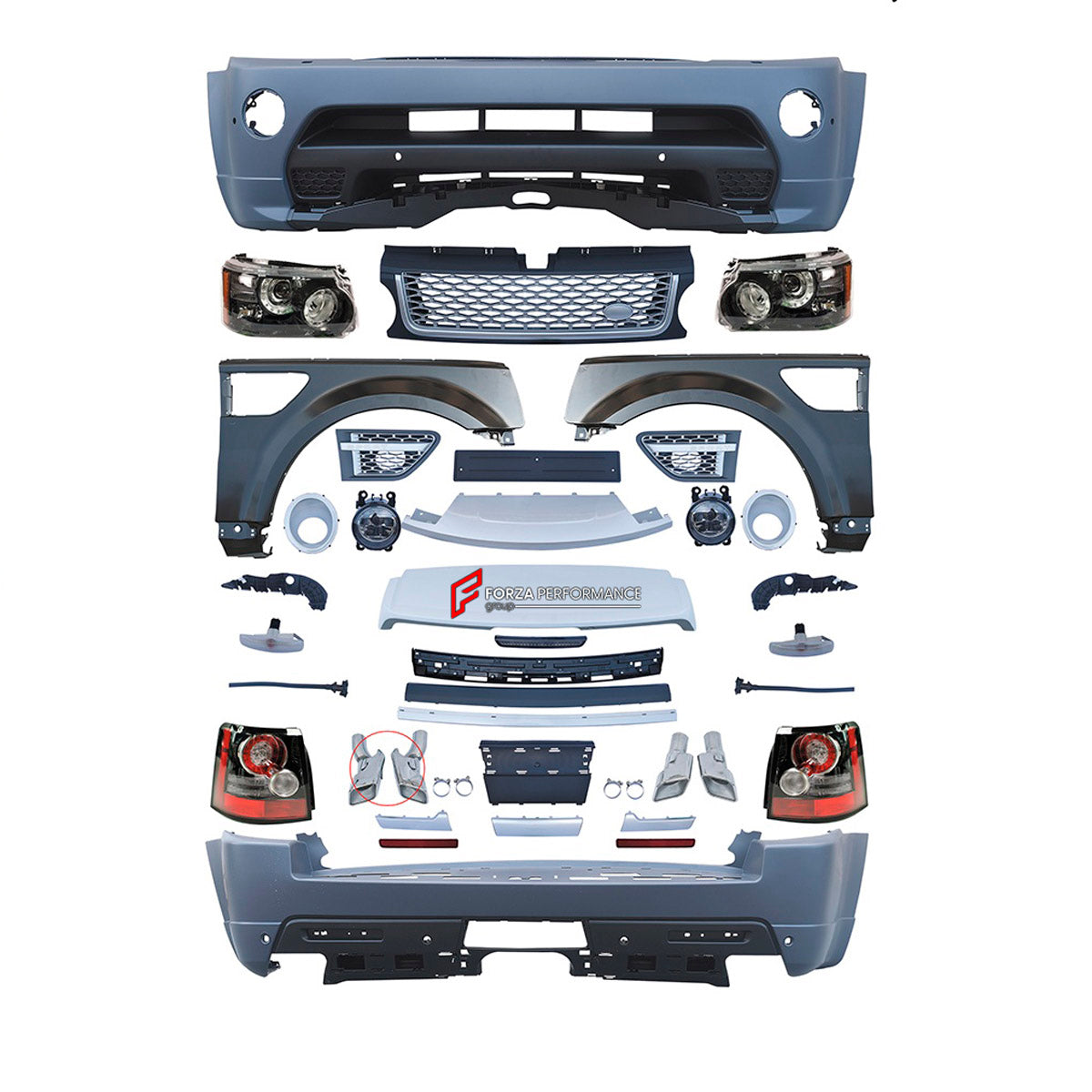 BODY KIT for Land Rover Range Rover Sport 2005 - 2013
Set includes:

Front Bumper Assembly
Front Grille
Fenders
Roof Spoiler
Rear Bumper Assembly
Exhaust Tips
Material: Plastic

NOTE: Professional installation is required.