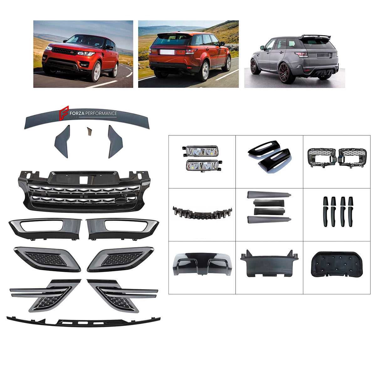 BODY KIT for Land Rover Range Rover Sport 2014 - 2017
Set includes:

Front Grille
Front Headlights
Front Fender Vents
Side Skirts
Rear Spoiler Wing
Rear Diffuser
Material: Plastic

NOTE: Professional installation is required.