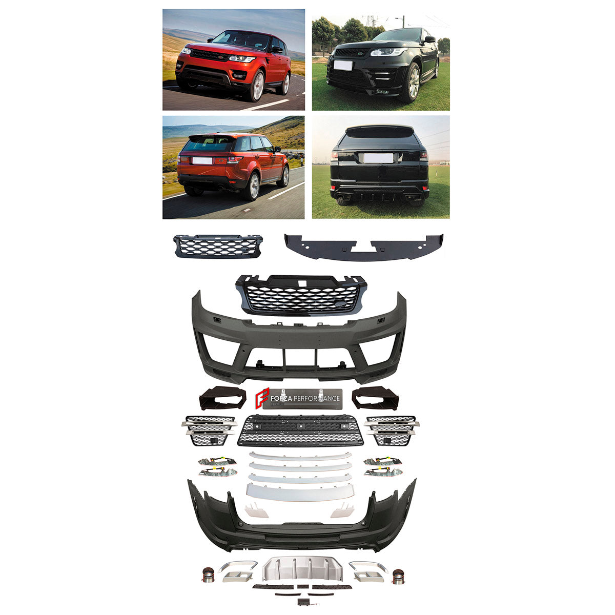 BODY KIT for Land Rover Range Rover Sport 2014 - 2017
Set includes:

Front Lip
Front Bumper Assembly
Front Grille
License Plate
Rear Bumper Assembly
Rear Diffuser
Exhaust Tips
Material: Plastic

NOTE: Professional installation is required.