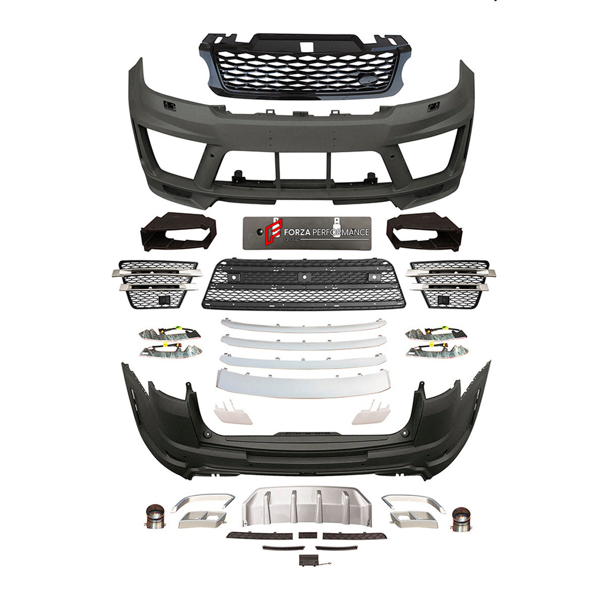 BODY KIT for Land Rover Range Rover Sport 2014 - 2017
Set includes:

Front Lip
Front Bumper Assembly
Front Grille
License Plate
Rear Bumper Assembly
Rear Diffuser
Exhaust Tips
Material: Plastic

NOTE: Professional installation is required.