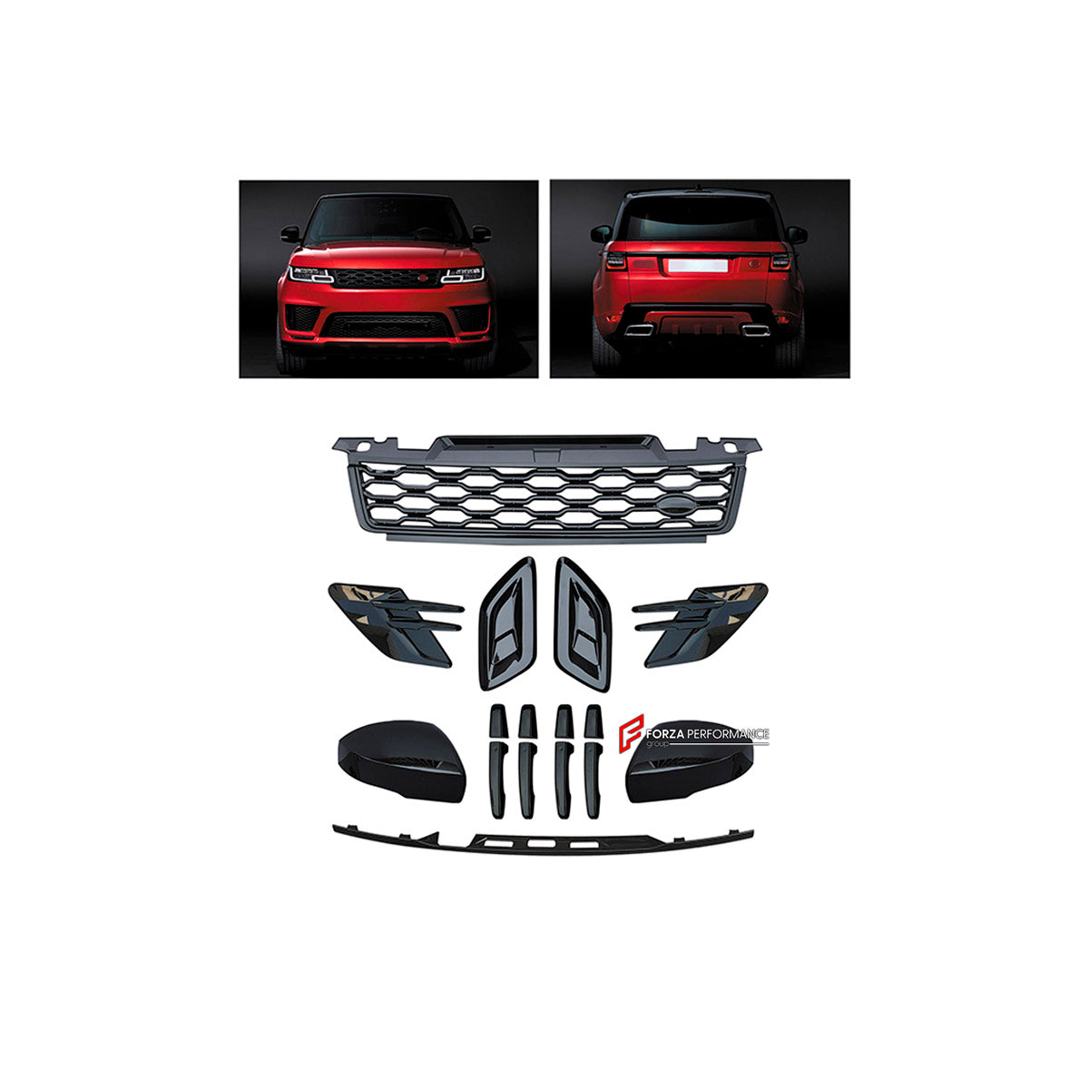 BODY KIT for Land Rover Range Rover Sport 2018 - 2022
Set includes:

Front Bumper Assembly
Side Mirror Covers
Material: Plastic

NOTE: Professional installation is required.