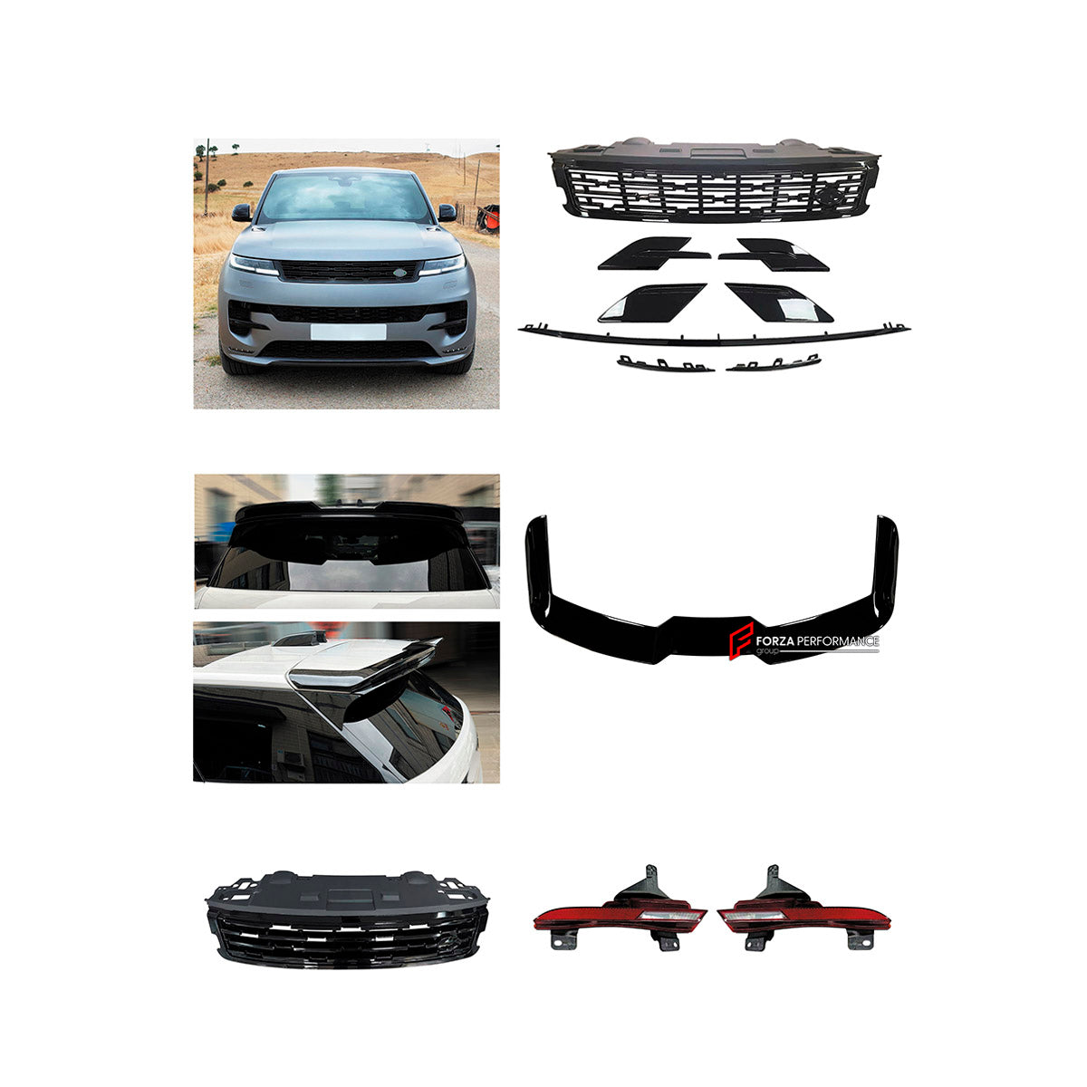 BODY KIT for Land Rover Range Rover Sport 2023+
Set includes:

Rear Bumper Assembly
Front Grille
Roof Spoiler
Rear Bumper Headlight
Material: Plastic

NOTE: Professional installation is required.