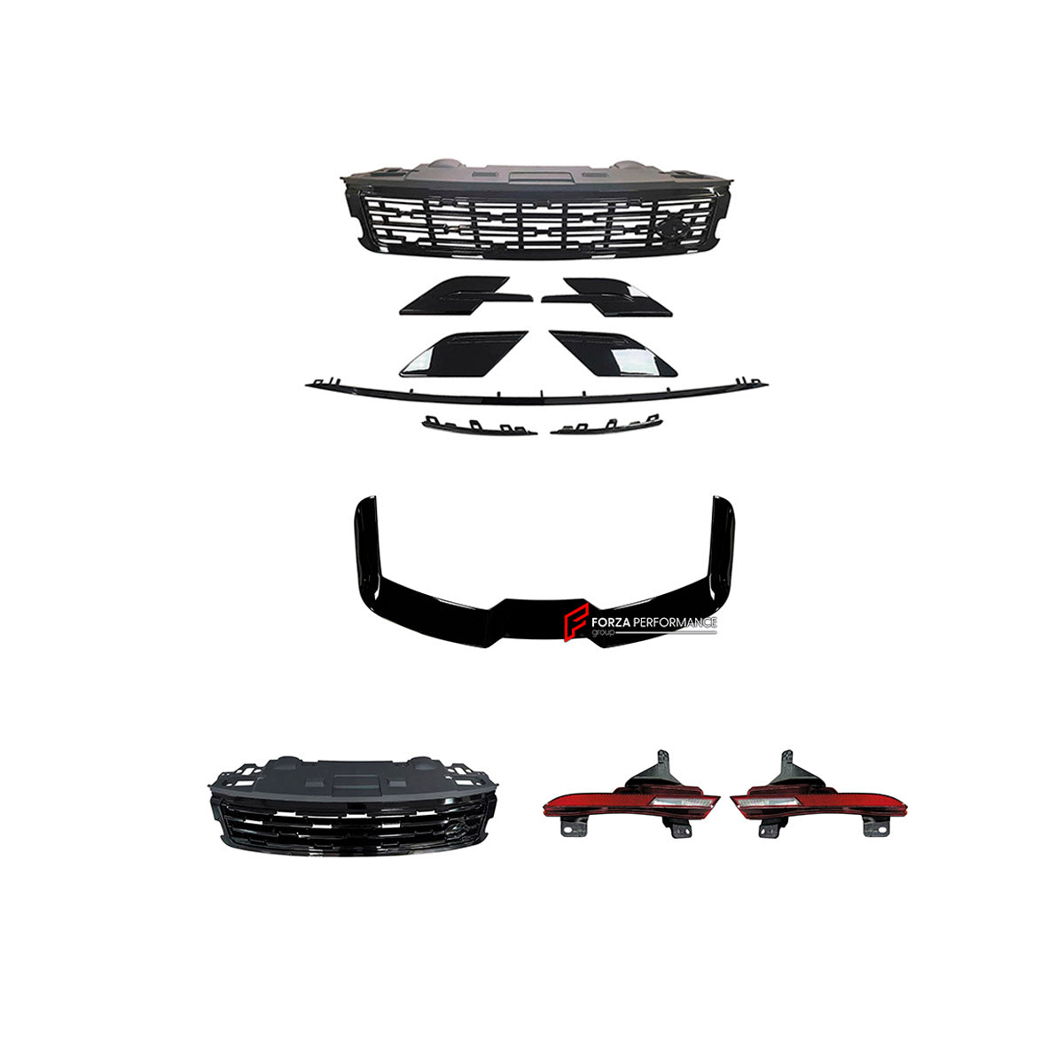 BODY KIT for Land Rover Range Rover Sport 2023+
Set includes:

Rear Bumper Assembly
Front Grille
Roof Spoiler
Rear Bumper Headlight
Material: Plastic

NOTE: Professional installation is required.