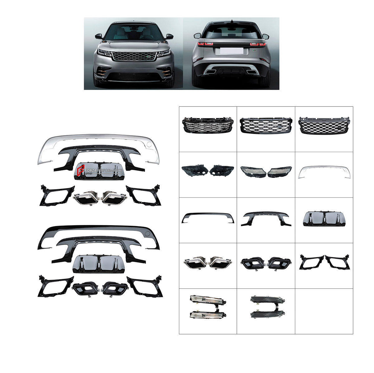 BODY KIT for Land Rover Range Rover Velar 2017+
Set includes:

Front Bumper Assembly
Front Grille
Rear Bumper Assembly
Rear Diffuser
Exhaust Tips
Material: Plastic

NOTE: Professional installation is required.