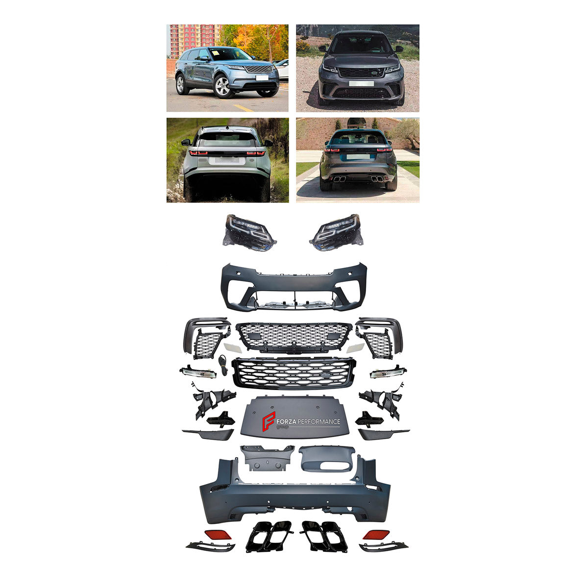 BODY KIT for Land Rover Range Rover Velar 2017 - 2024
Set includes:

Front Lip
Front Bumper Assembly
Front Grille
Rear Bumper Assembly
Rear Diffuser
Exhaust Tips
Material: Plastic

NOTE: Professional installation is required.