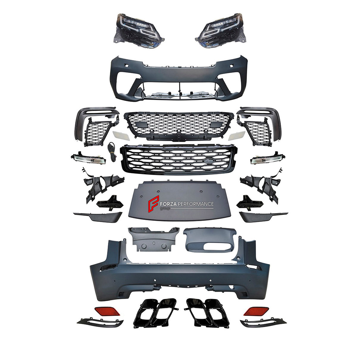 BODY KIT for Land Rover Range Rover Velar 2017 - 2024
Set includes:

Front Lip
Front Bumper Assembly
Front Grille
Rear Bumper Assembly
Rear Diffuser
Exhaust Tips
Material: Plastic

NOTE: Professional installation is required.