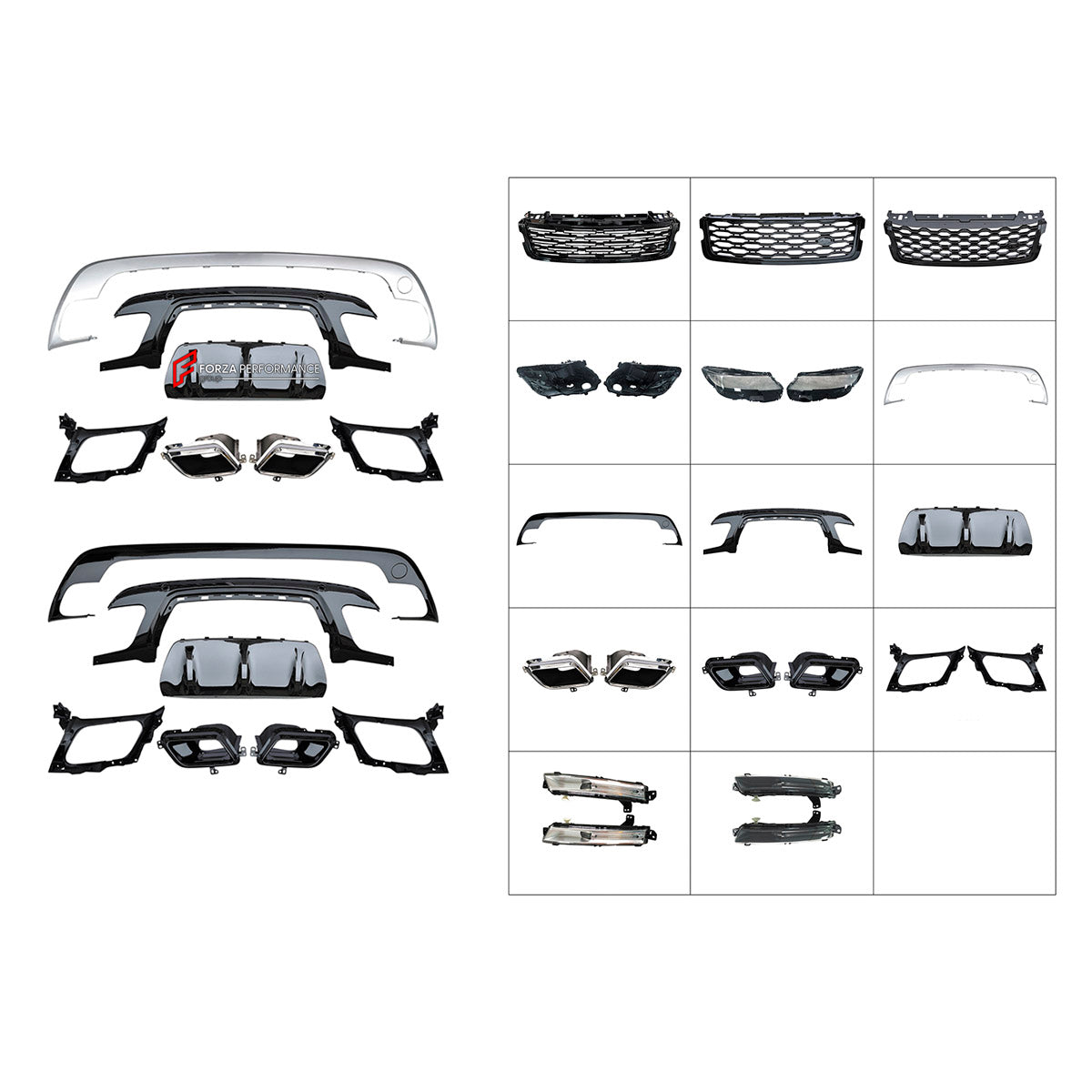 BODY KIT for Land Rover Range Rover Velar 2017+
Set includes:

Front Bumper Assembly
Front Grille
Rear Bumper Assembly
Rear Diffuser
Exhaust Tips
Material: Plastic

NOTE: Professional installation is required.