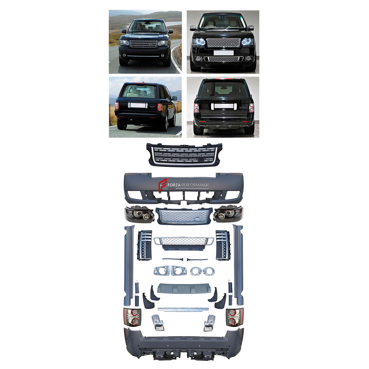BODY KIT for Land Rover Range Rover Vogue 2005 - 2012
Set includes:

Front Bumper Assembly
Front Grille
Side Skirts
Rear Bumper Assembly
Rear Diffuser
Material: Plastic

NOTE: Professional installation is required.