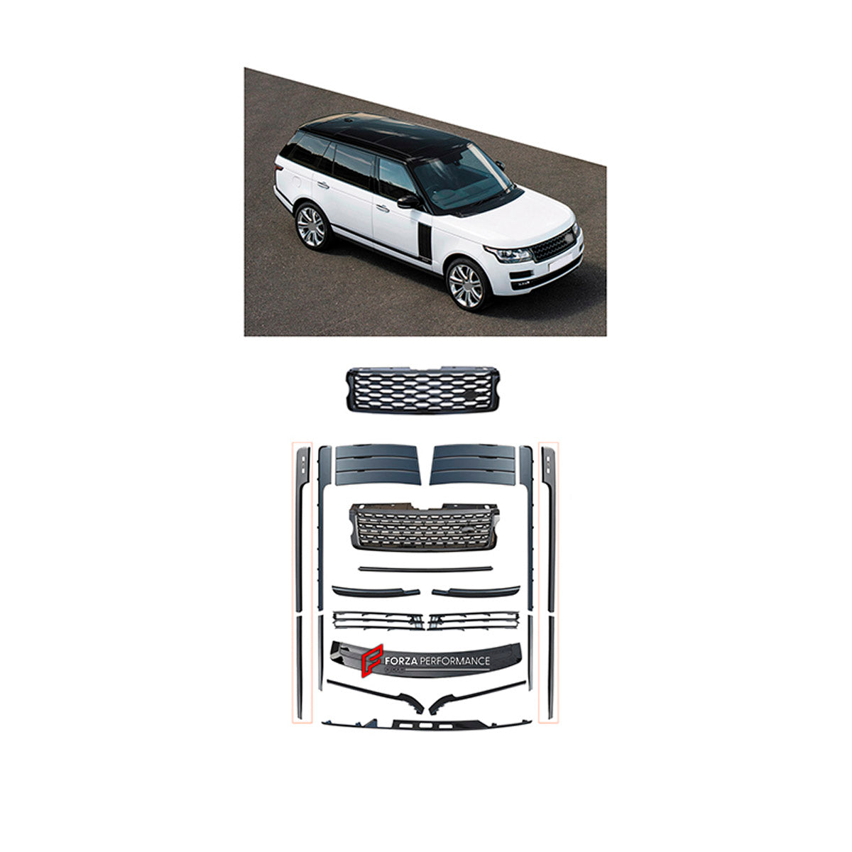 BODY KIT for Land Rover Range Rover Vogue 2013 - 2017
Set includes:

Front Lip
Front Bumper Assembly
Front Grille
Side Skirts
Material: Plastic

NOTE: Professional installation is required.