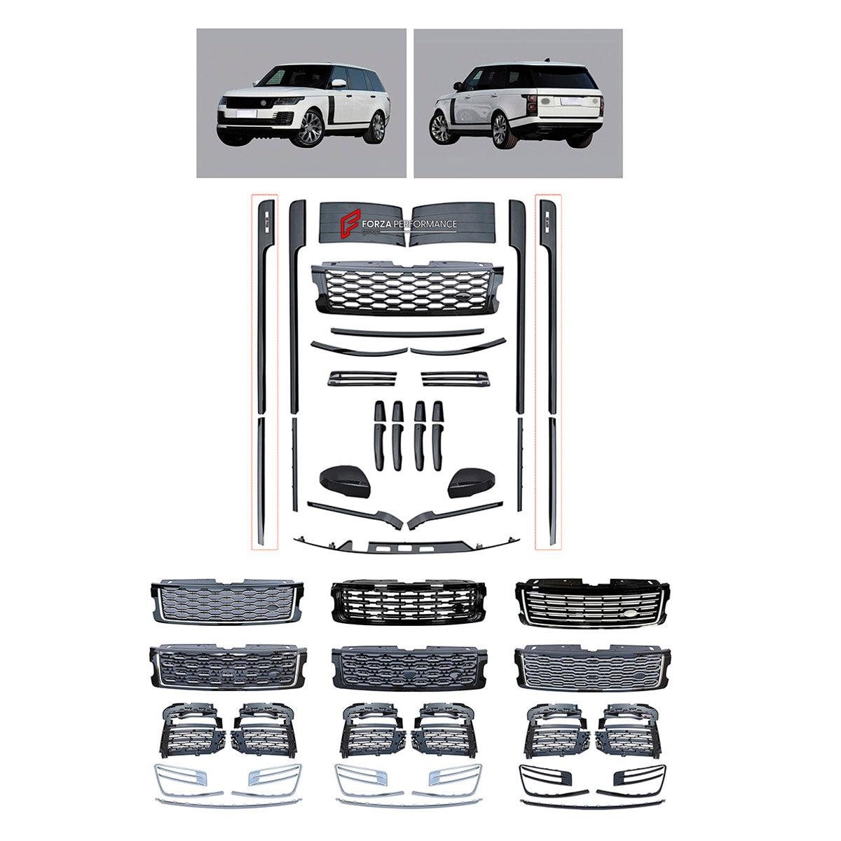 BODY KIT for Land Rover Range Rover Vogue 2018 - 2022
Set includes:

Front Lip
Front Bumper
Front Grille
Side Mirror Covers
Side Skirts
Material: Plastic

NOTE: Professional installation is required.