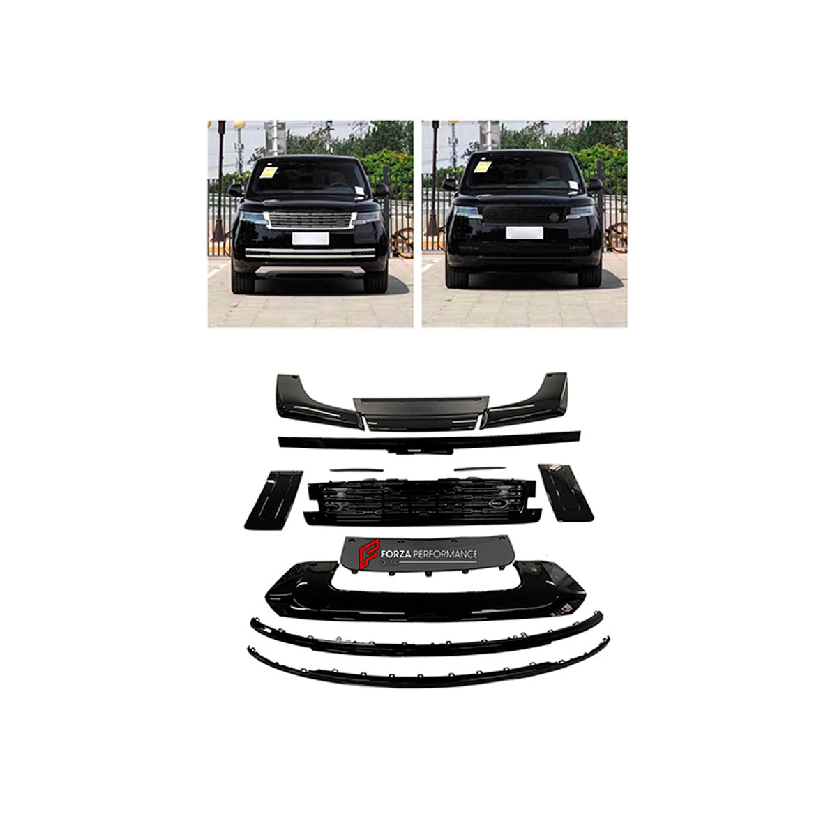 BODY KIT for Land Rover Range Rover Vogue 2023+
Set includes:

Front Lip
Front Bumper Assembly
Front Grille
Material: Plastic

NOTE: Professional installation is required.