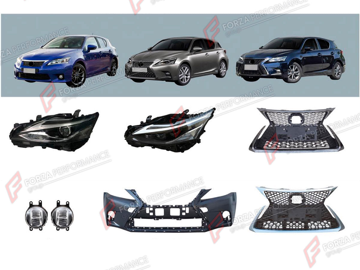 BODY KIT for LEXUS CT200 2014 - 2022 FORZA PERFORMANCE custom fit F-Sport Style

Set includes:
Front Bumper
Front Grille
Headlights
Fog Lights

Material: Plastic

NOTE: Professional installation is required.
