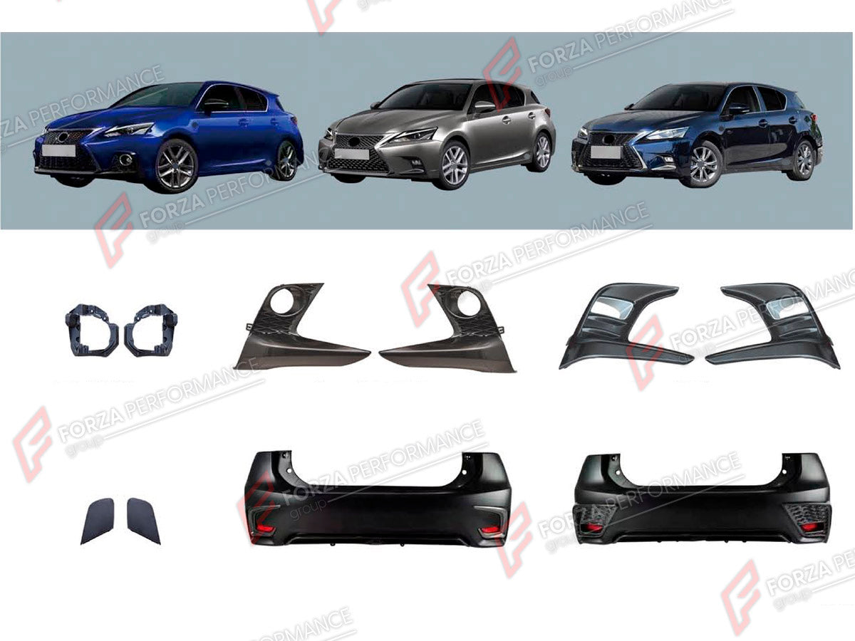 BODY KIT for LEXUS CT200 2014 - 2022 FORZA PERFORMANCE custom fit F-Sport Style

Set includes:
Fog Lights Covers
Front Bumper Tow Hook Cover
Rear Bumper Assembly

Material: Plastic

NOTE: Professional installation is required.