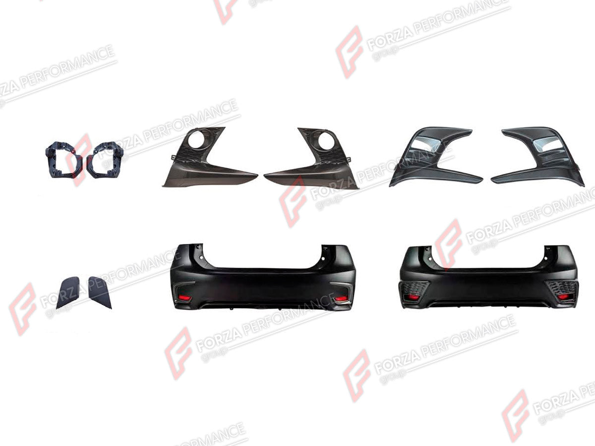 BODY KIT for LEXUS CT200 2014 - 2022 FORZA PERFORMANCE custom fit F-Sport Style

Set includes:
Fog Lights Covers
Front Bumper Tow Hook Cover
Rear Bumper Assembly

Material: Plastic

NOTE: Professional installation is required.