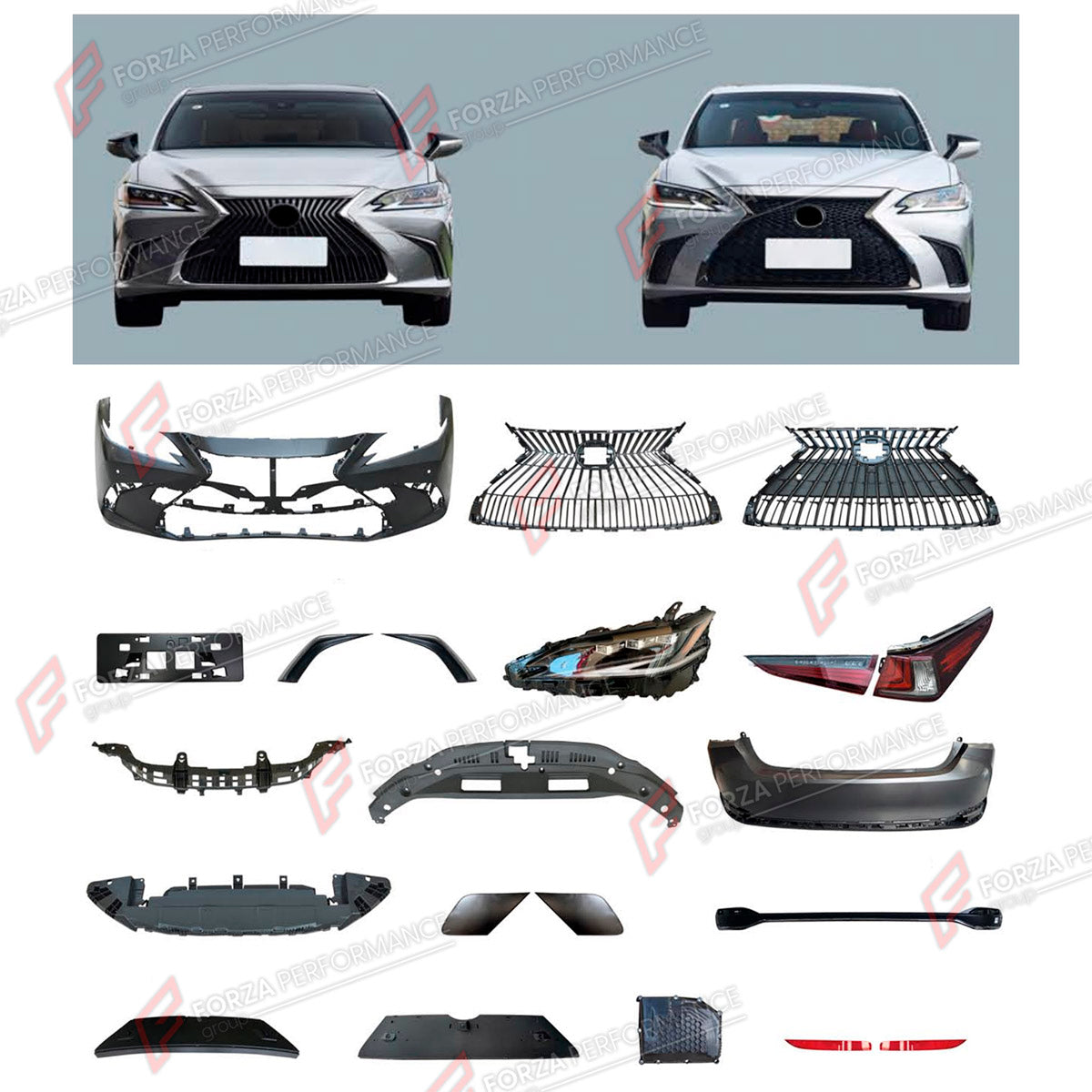 BODY KIT for LEXUS ES200 2018+

Set includes:
Front Bumper Assembly
Front Grille
Headlights
License Plate
Tail Lights
Rear Bumper Assembly

Material: Plastic

NOTE: Professional installation is required.