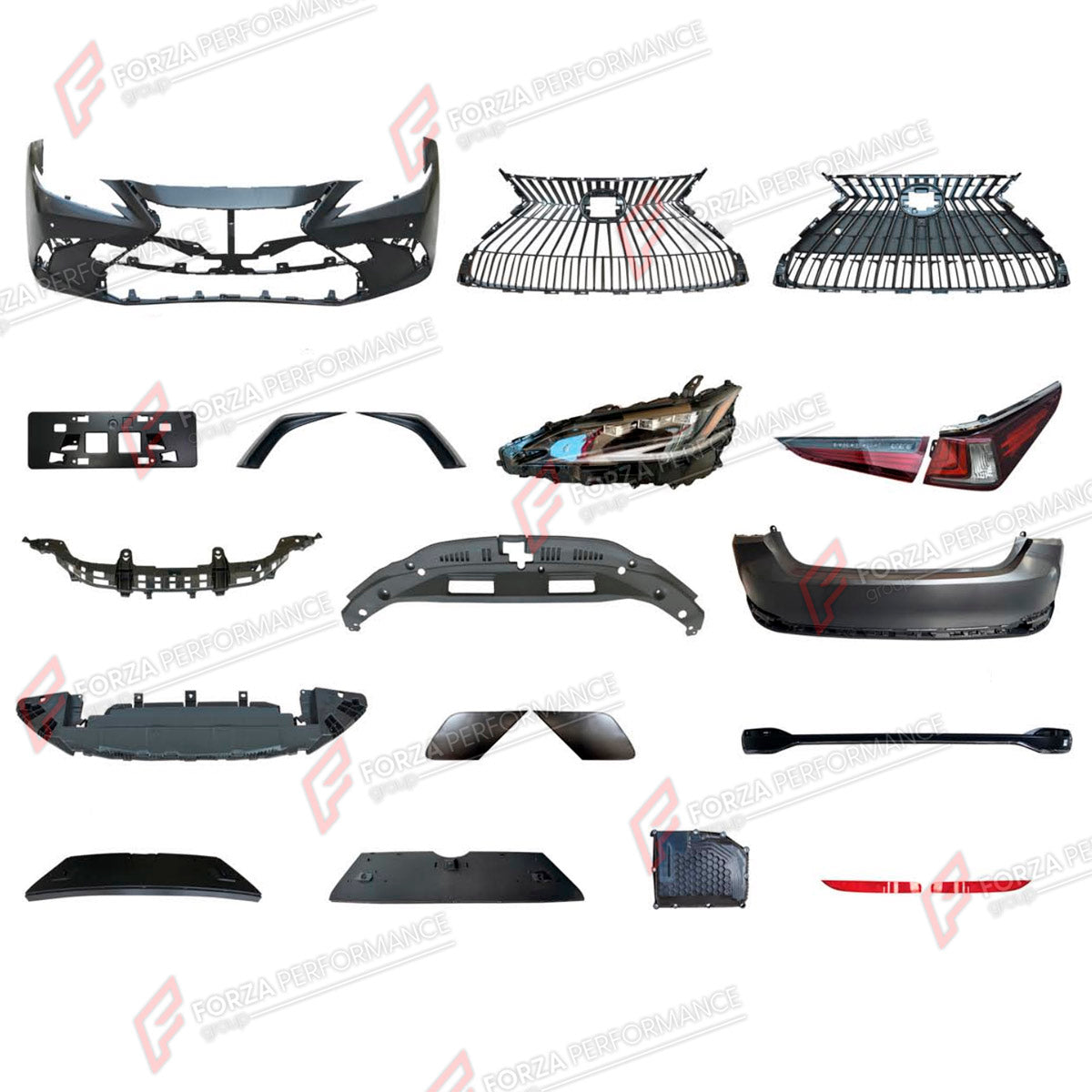 BODY KIT for LEXUS ES200 2018+

Set includes:
Front Bumper Assembly
Front Grille
Headlights
License Plate
Tail Lights
Rear Bumper Assembly

Material: Plastic

NOTE: Professional installation is required.