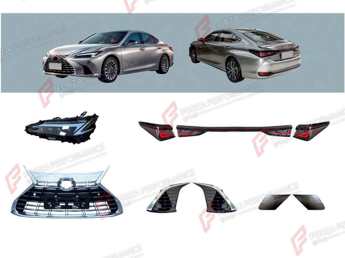 BODY KIT for LEXUS ES200 FACELIFT 2025+

Set includes:
Front Grille
Headlights
Fog Lights Covers
Tail Lights

Material: Plastic

NOTE: Professional installation is required.