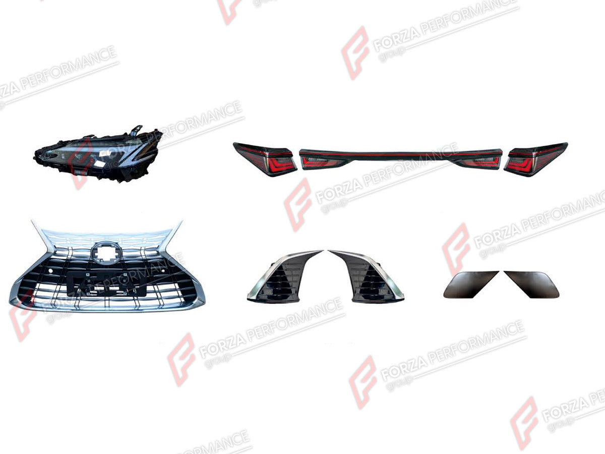BODY KIT for LEXUS ES200 FACELIFT 2025+

Set includes:
Front Grille
Headlights
Fog Lights Covers
Tail Lights

Material: Plastic

NOTE: Professional installation is required.