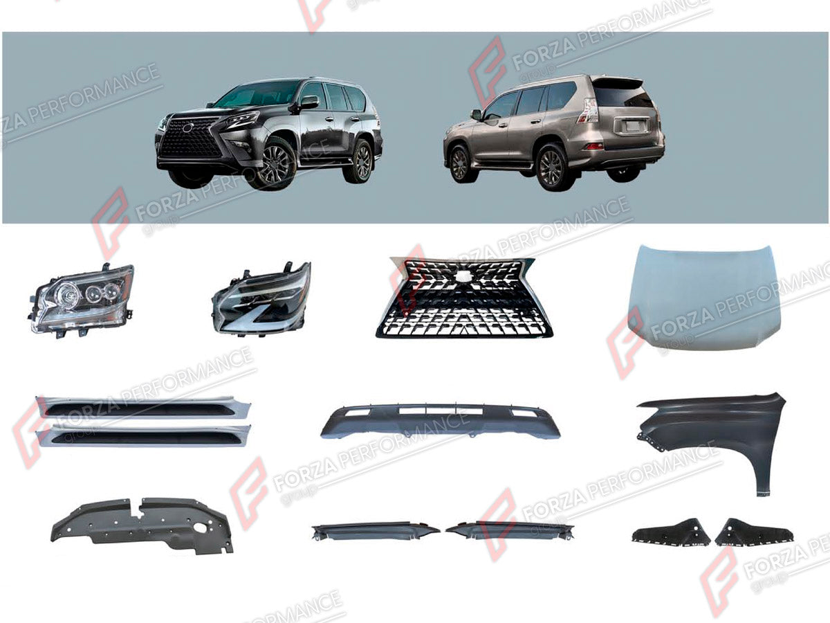 BODY KIT for LEXUS GX460 J150 FACELIFT 2020 - 2023

Set includes:
Front Bumper
Front Grille
Headlights
Hood Bonnet
Fenders
Side Steps

Material: Plastic

NOTE: Professional installation is required.